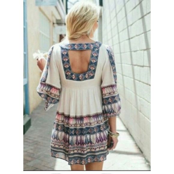 Free People Terra Nova boho blue purple print lined Tunic Mini Dress sz L - Picture 2 of 12